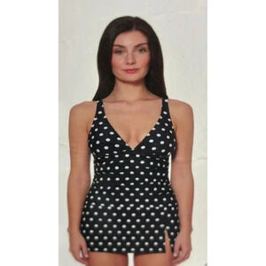 Company Ellen Tracy Polka Dots 1 Piece Skirt Swimsuit Tankini Black White Sz 18